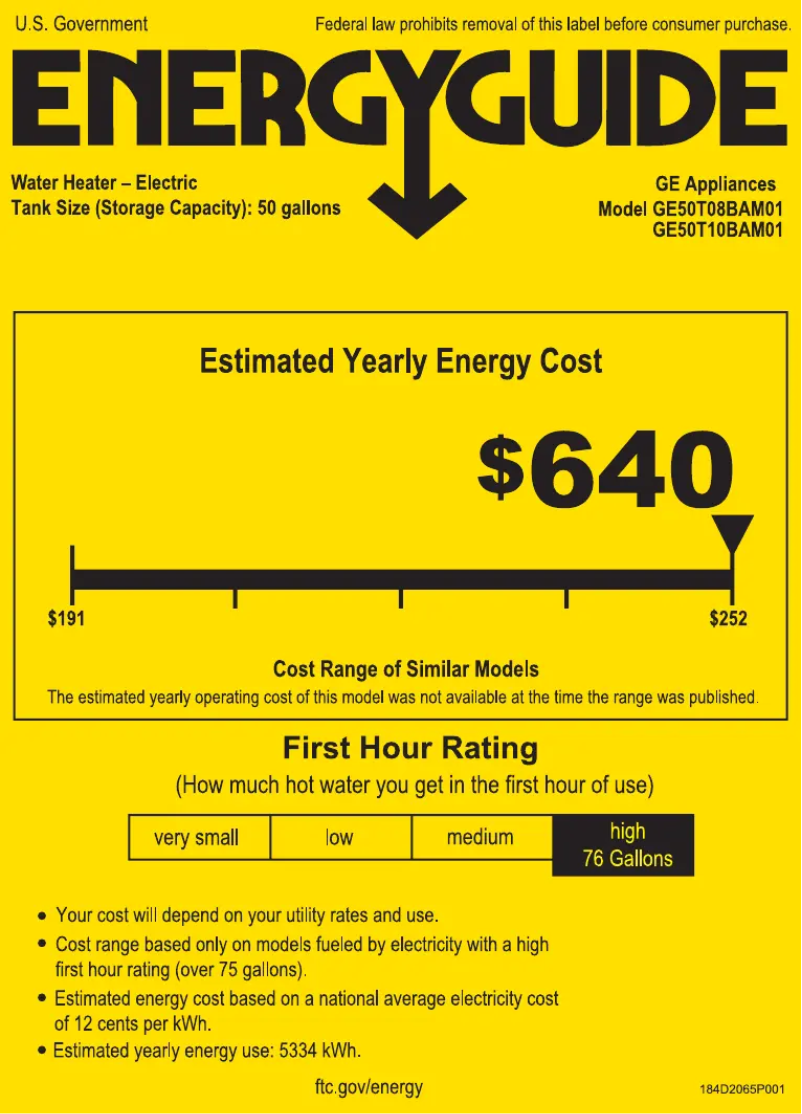 Page 1 de la notice Label énergétique GE GE50T08BAM