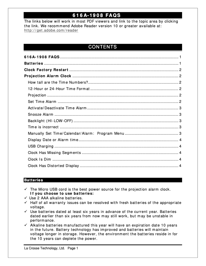 Page 1 de la notice FAQ La Crosse Technology 616A-1908