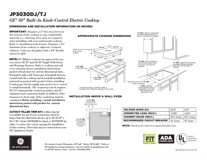Página 1 del manual Ficha técnica GE JP5030DJBB
