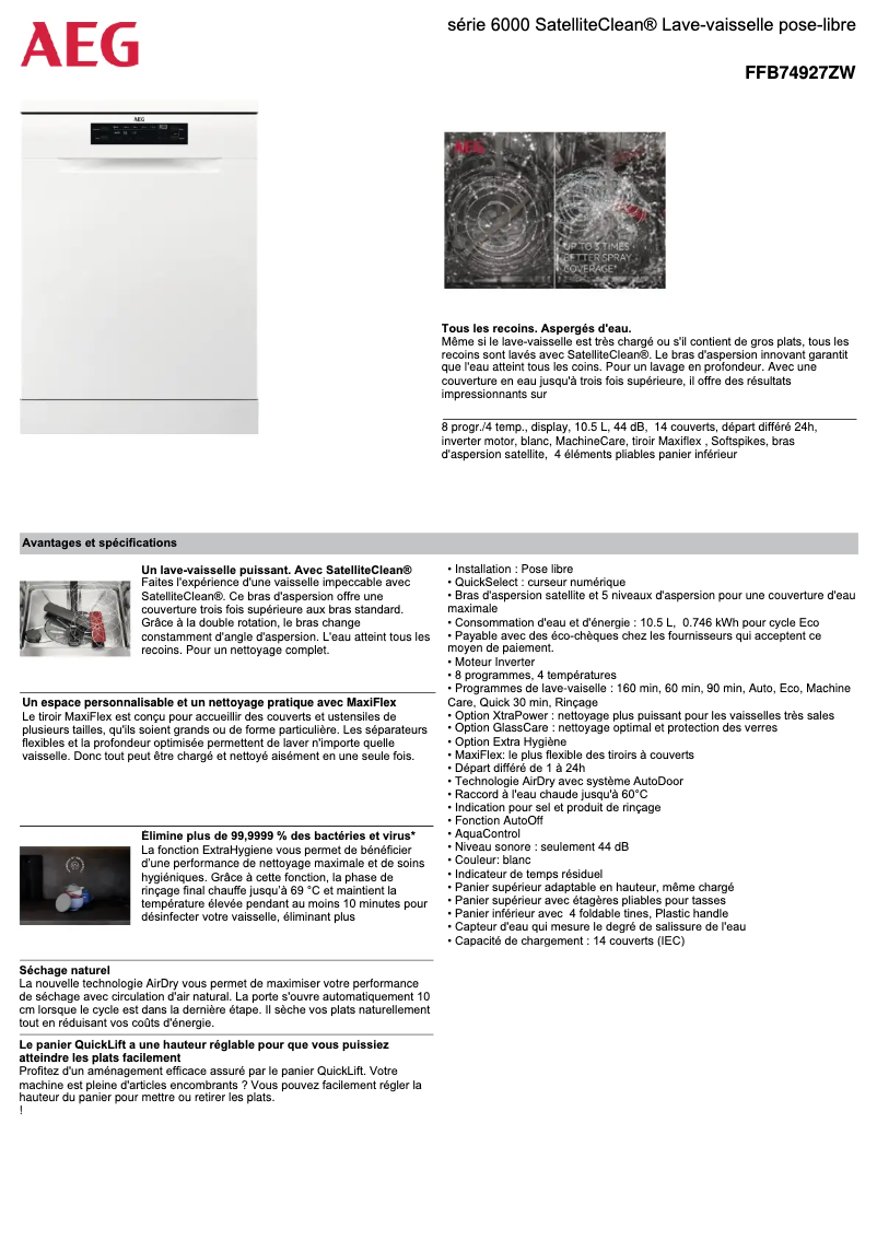 Página 1 del manual Ficha técnica AEG FFB74927ZW