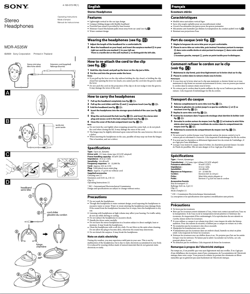Page 1 de la notice Manuel utilisateur Sony MDR-AS35W