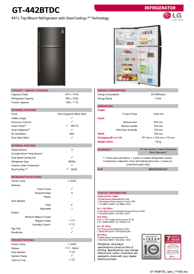 Page 1 de la notice Fiche technique LG GT-442BTDC
