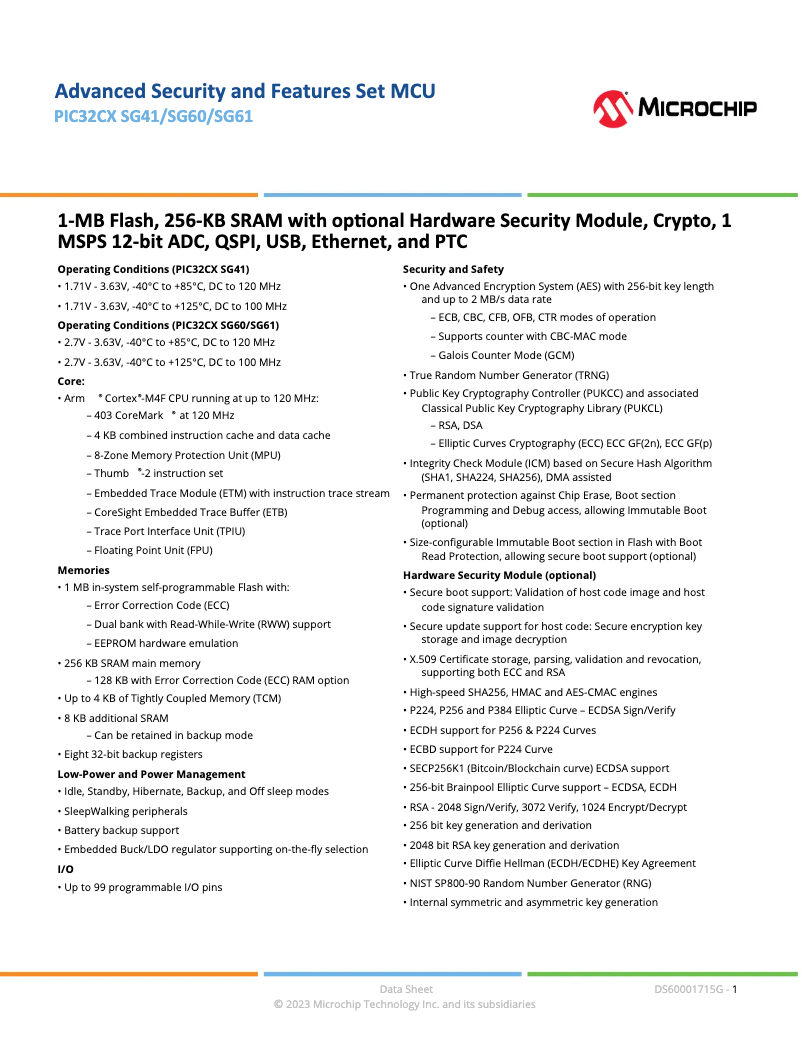 Page 1 de la notice Fiche technique Microchip PIC32CX1025SG41128