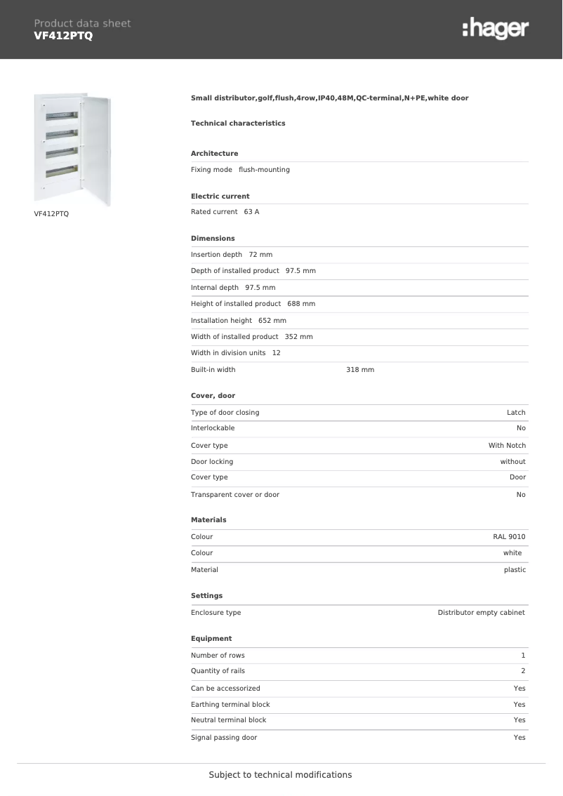 Page n°1 - Fiche technique Hager VF412PTQ
