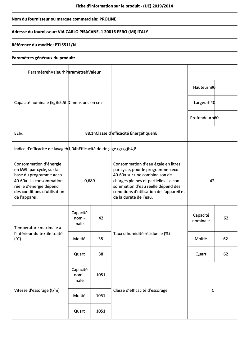 Page 1 de la notice Manuel utilisateur Proline PTL5511N