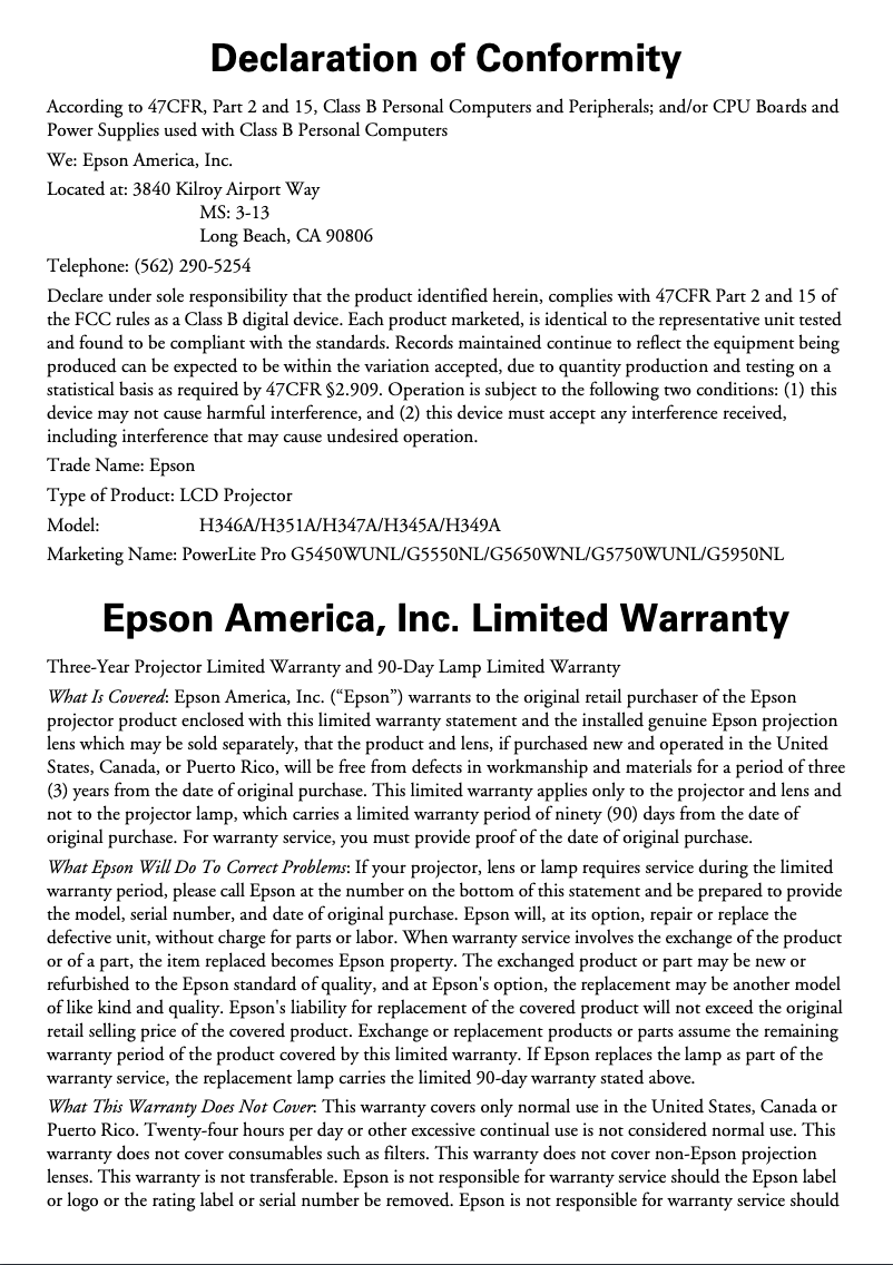 Página 1 del manual Información de garantía Epson PowerLite Pro G5950NL