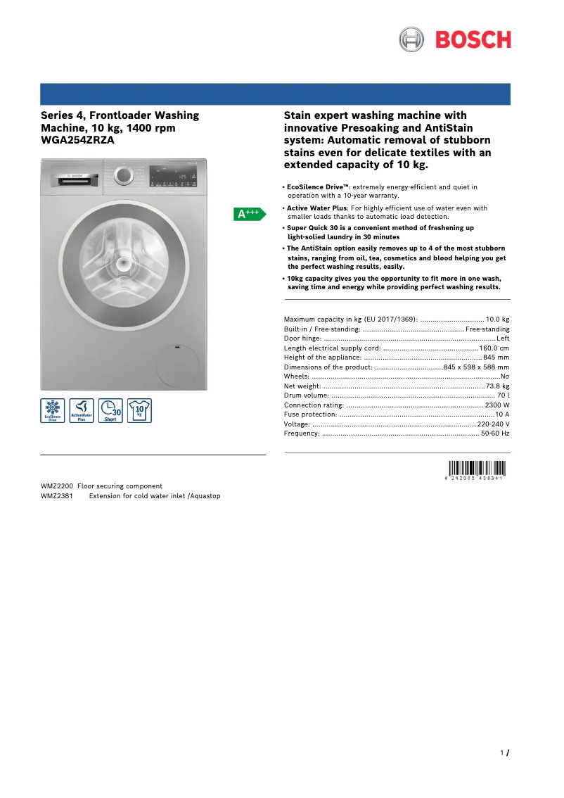 Page n°1 - Fiche technique Bosch WGA254ZRZA