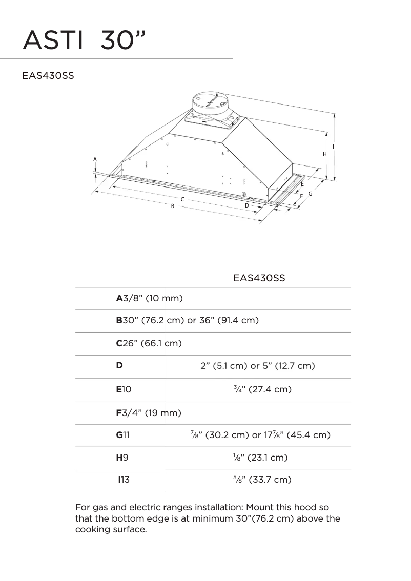 Page 1 de la notice Dessin technique Elica Asti EAS430SS