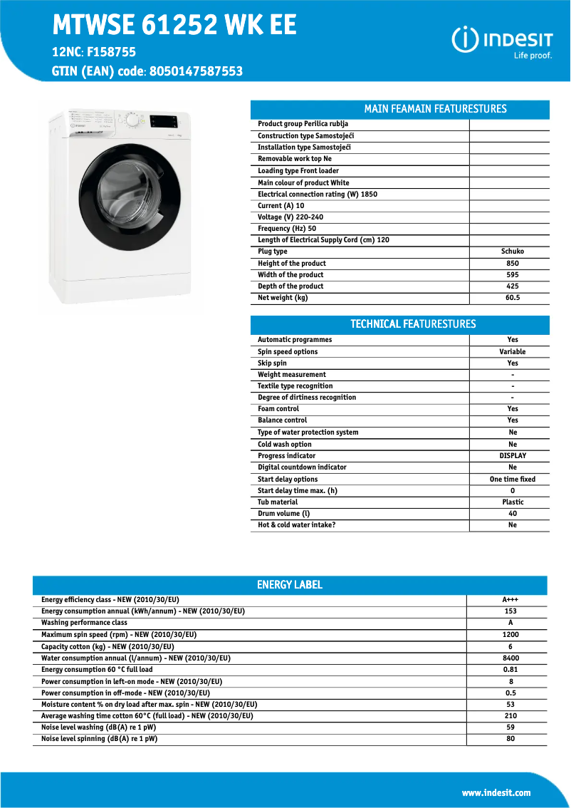 Page 1 de la notice Fiche technique Indesit MTWSE 61252 WK EE