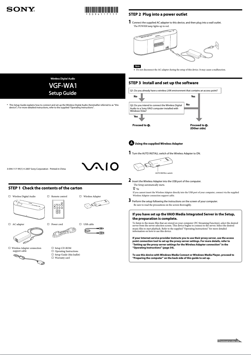 Page 1 de la notice Guide d'installation Sony VGF-WA1