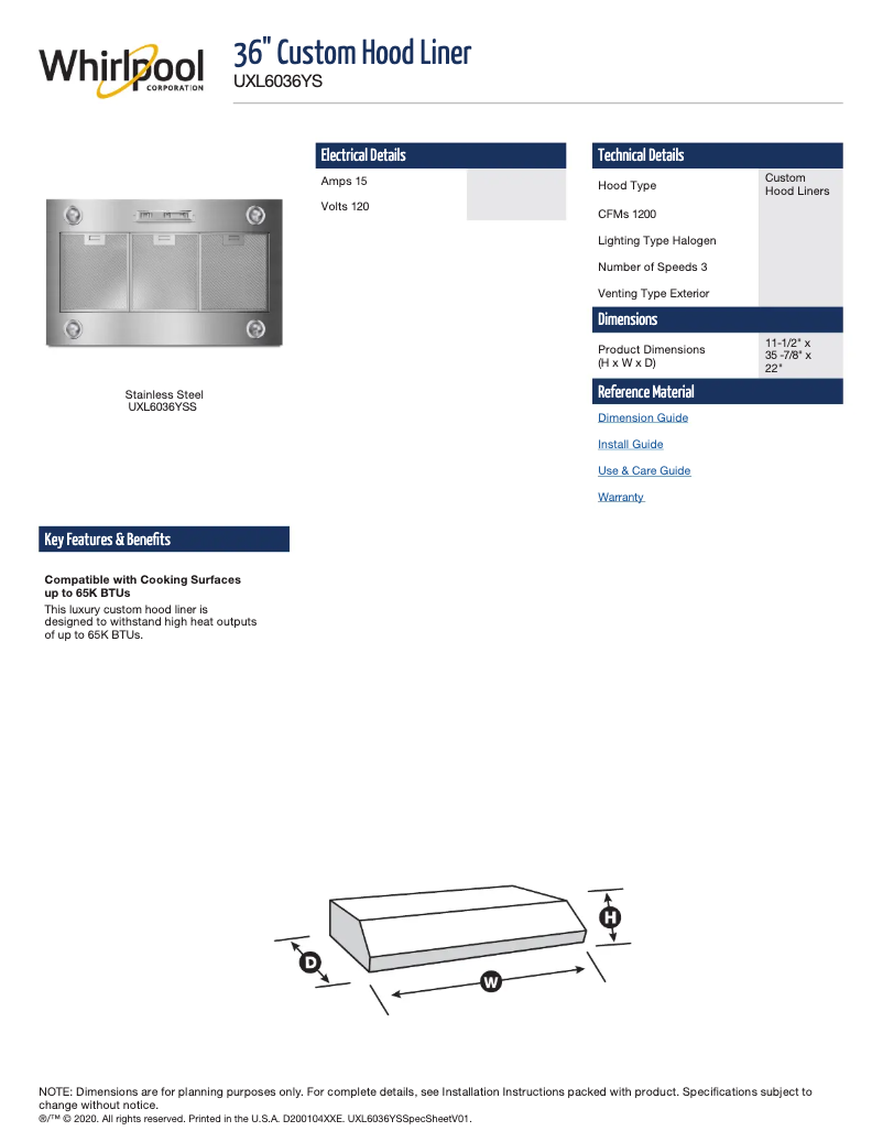 Page 1 de la notice Fiche technique KitchenAid UXL6036YSS