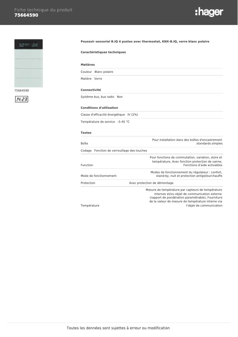 Page n°1 - Fiche technique Hager 75664590