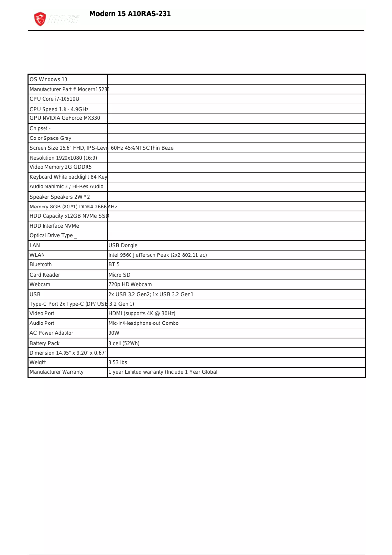 Page n°1 - Fiche technique MSI Modern 15