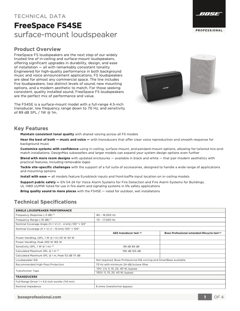 Page 1 de la notice Fiche technique Bose FreeSpace FS4SE