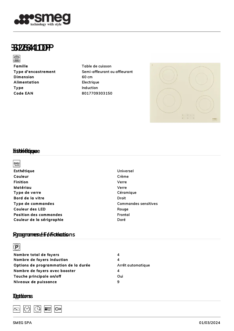 Page 1 de la notice Fiche technique Smeg SI2641DP