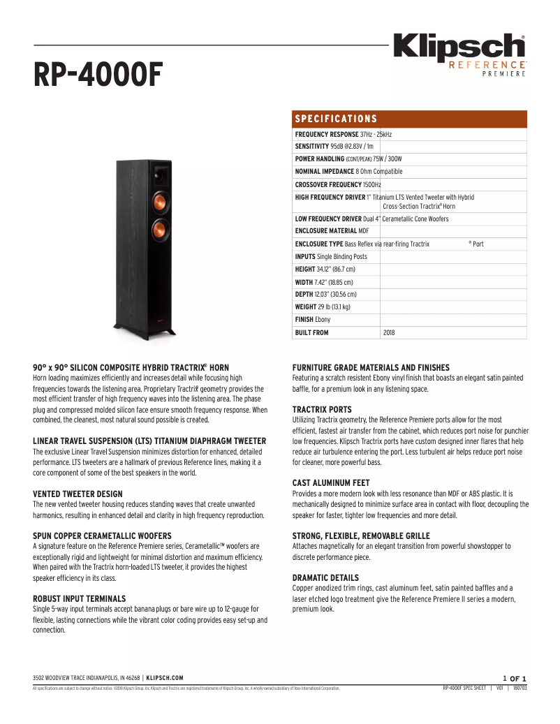 Page 1 de la notice Fiche technique Klipsch Reference Premiere RP-4000F