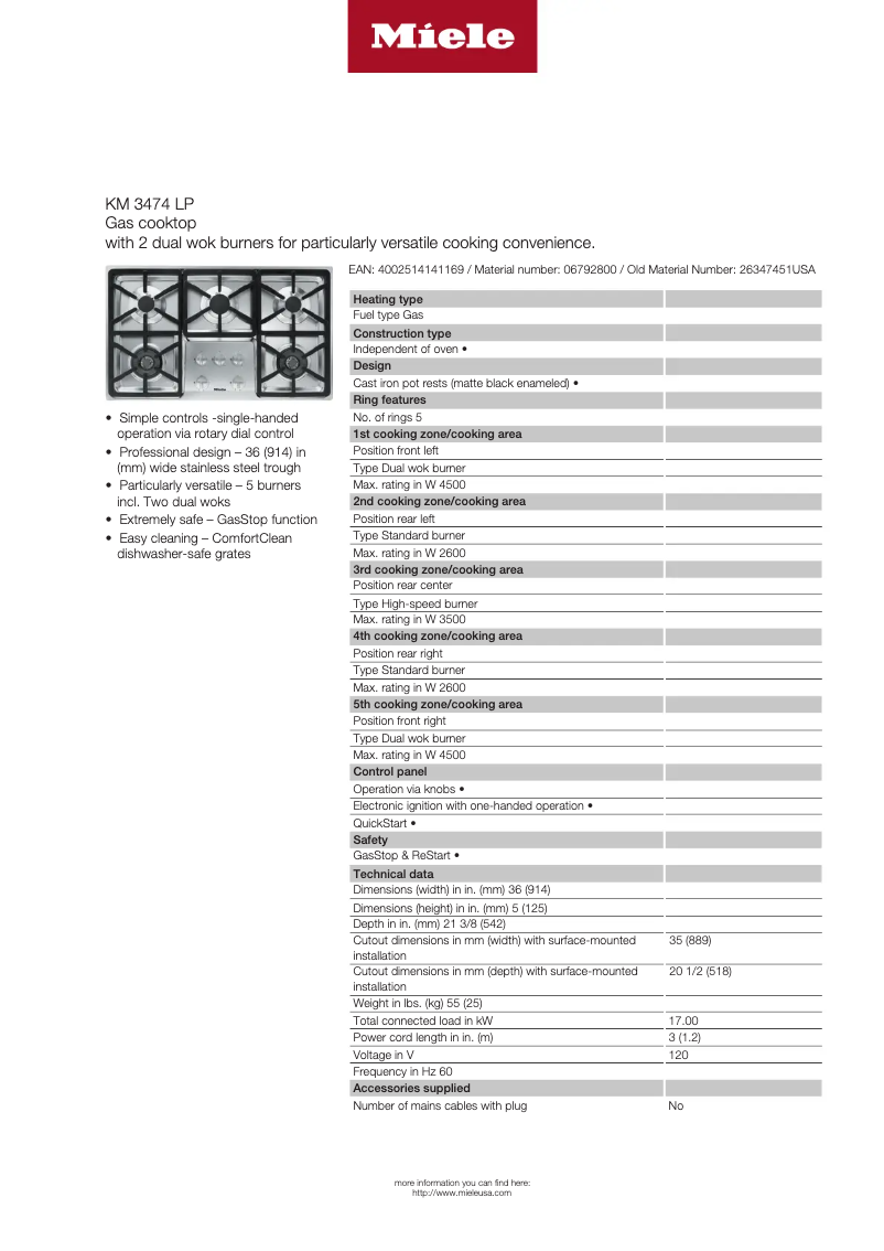 Page 1 de la notice Fiche technique Miele KM 3474 LP