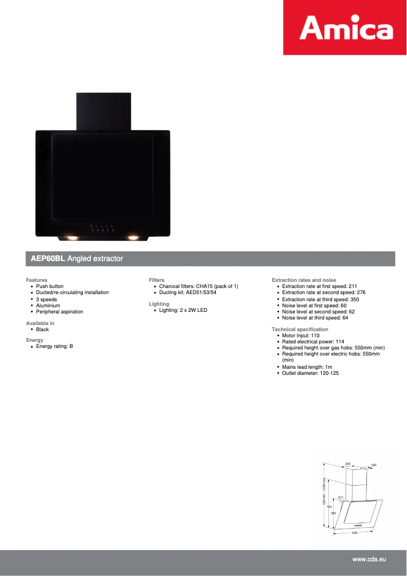 Page 1 de la notice Fiche technique Amica AEP60BL