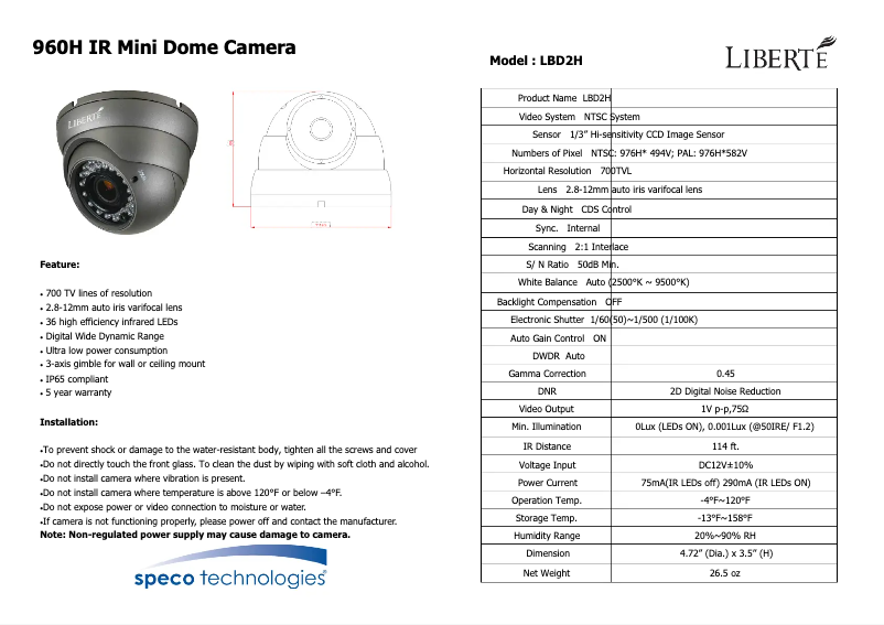 Page 1 de la notice Manuel utilisateur Speco Technologies LBD2H