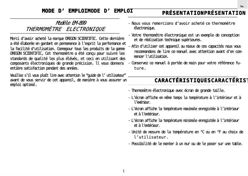 Page 1 de la notice Manuel utilisateur Oregon Scientific EM899