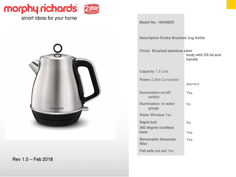 Page 1 de la notice Fiche technique Morphy Richards Evoke 104406