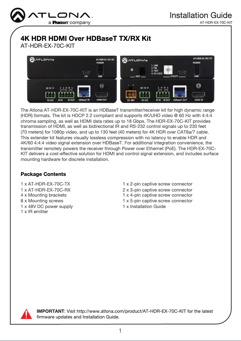 Page n°1 - Manuel utilisateur Atlona AT-HDR-EX-70C-KIT