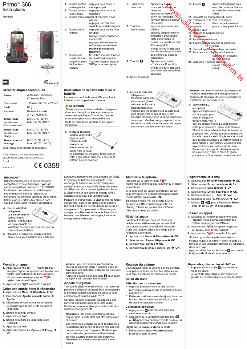 Page 1 de la notice Manuel utilisateur Doro Primo 366