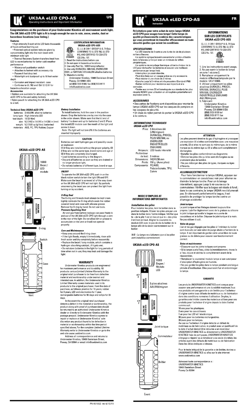 Page n°1 - Manuel utilisateur Underwater Kinetics UK3AA eLED CPO Front Switch