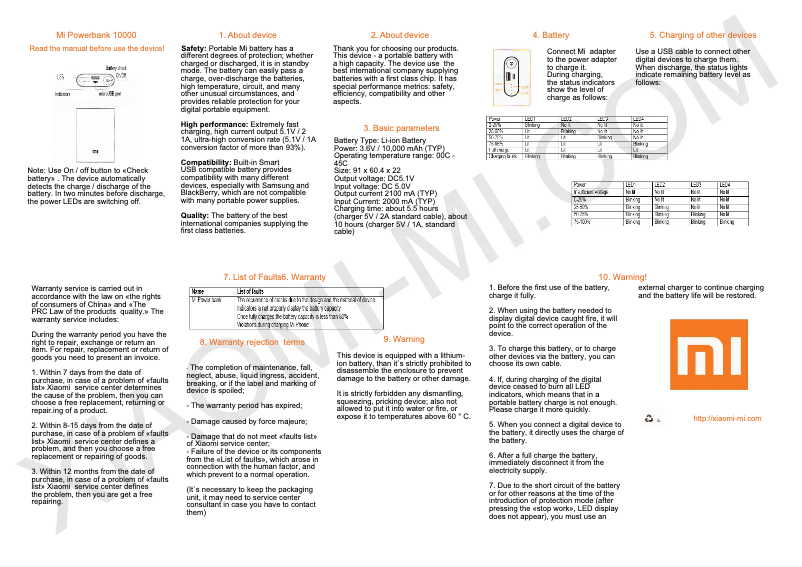 Page n°1 - Manuel utilisateur Xiaomi Mi Power Bank 10000mAh