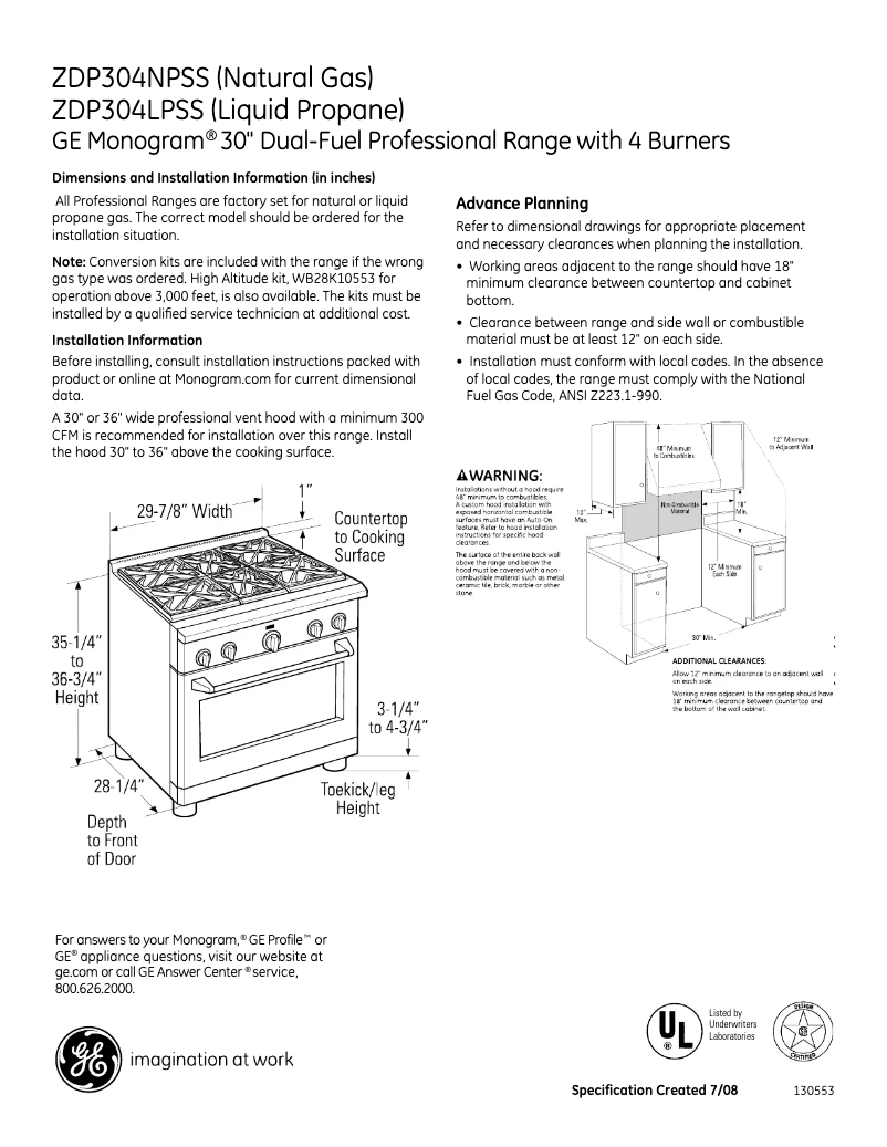 Page 1 de la notice Fiche technique Monogram ZDP304NPSS