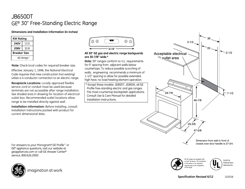 Página 1 del manual Ficha técnica GE JB650DTBB