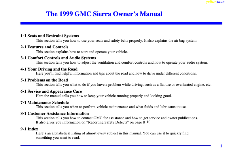 Page 1 de la notice Manuel utilisateur GMC Safari (1999)