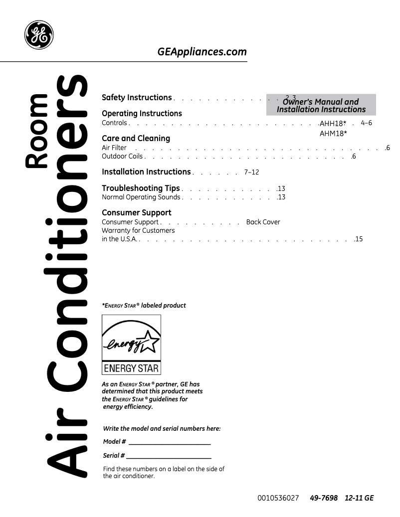 Page 1 de la notice Manuel d'utilisation et d'entretien GE AHH18DQ