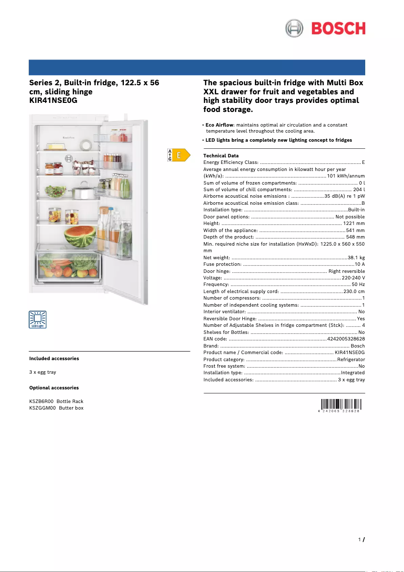 Page 1 de la notice Fiche technique Bosch KIR41NSE0G