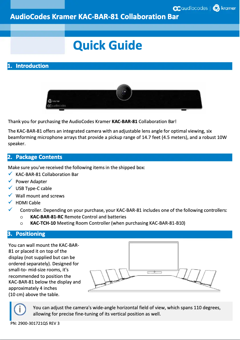 Page 1 de la notice Manuel utilisateur Kramer KAC-BAR-81