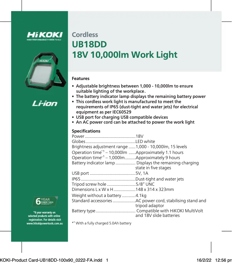 Page n°1 - Fiche technique HiKOKI UB 18DD