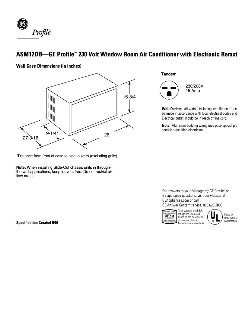 Page n°1 - Fiche technique GE Profile ASM12DB