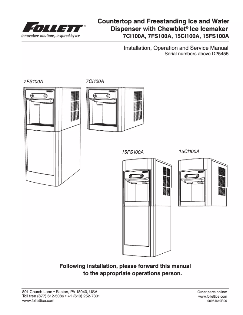 Page n°1 - Manuel d'utilisation et d'entretien Follett 15CI100A-IW-NF-ST-00
