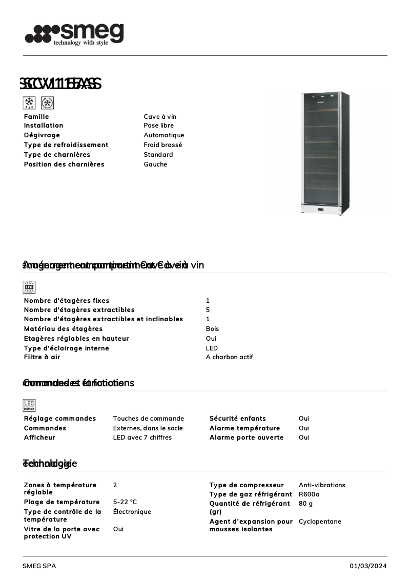 Page n°1 - Fiche technique Smeg SCV115AS