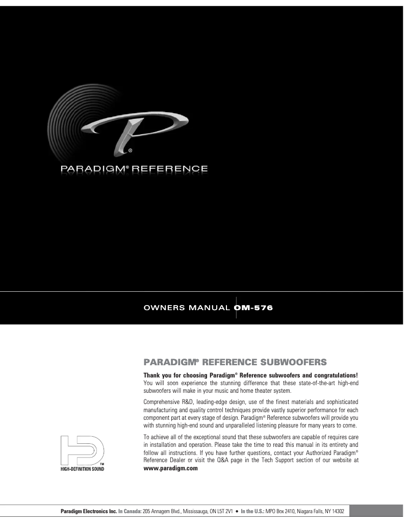 Page n°1 - Manuel utilisateur Paradigm SUB 15