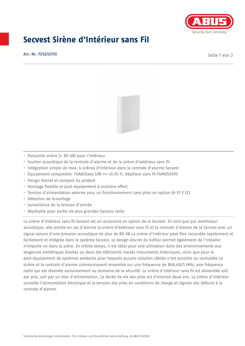 Page n°1 - Fiche technique Abus FUSG50110