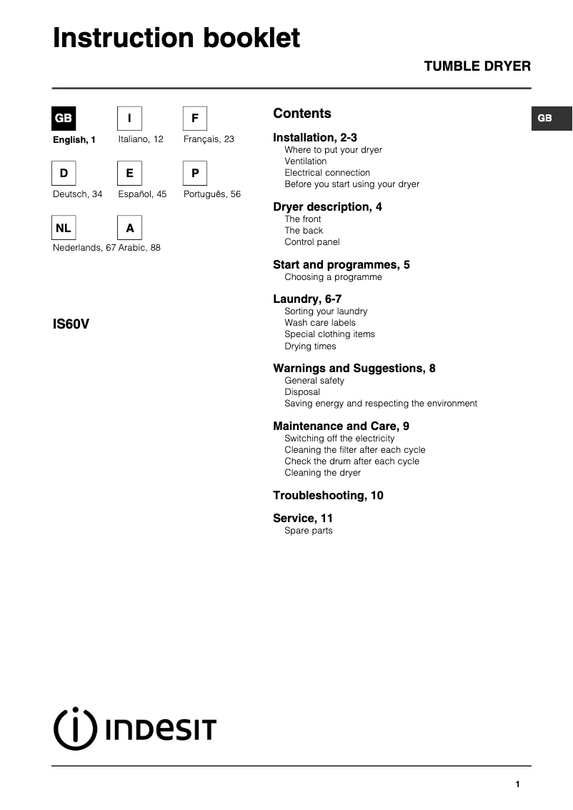 Page n°1 - Manuel utilisateur Indesit IS 60 v ex