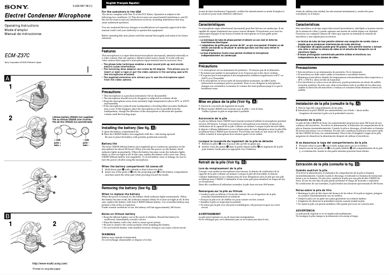 Page n°1 - Manuel utilisateur Sony ECM-Z37C