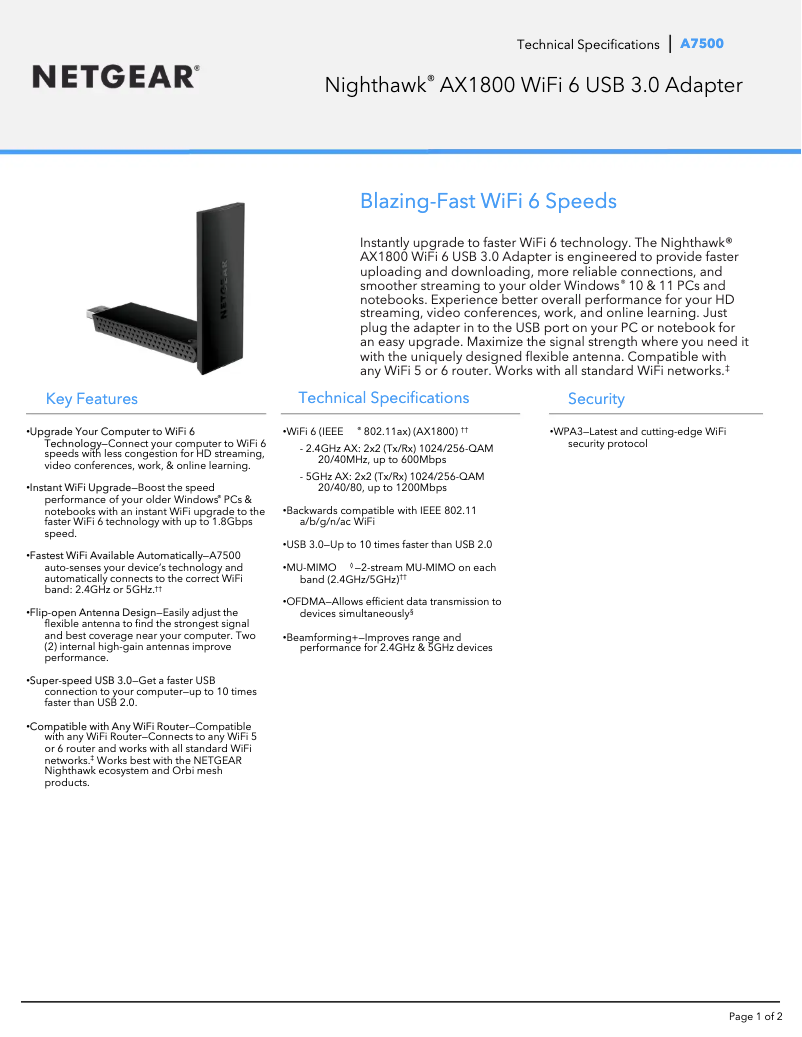 Image de la première page du manuel de l'appareil Nighthawk A7500