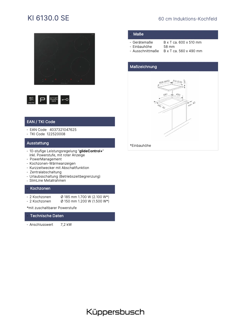 Page 1 de la notice Fiche technique Küppersbusch KI6130.0SE