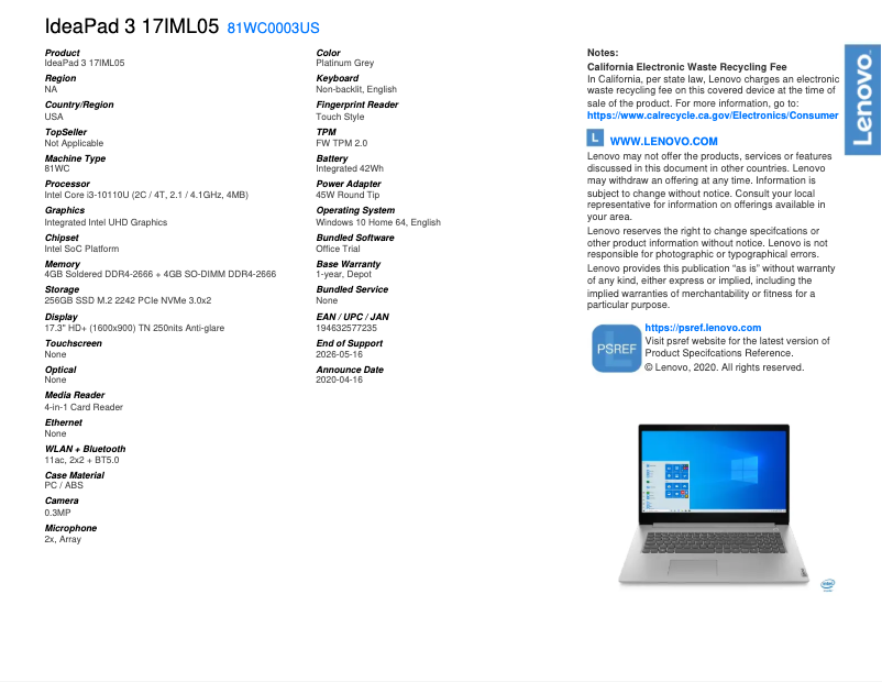 Page n°1 - Fiche technique Lenovo IdeaPad 3