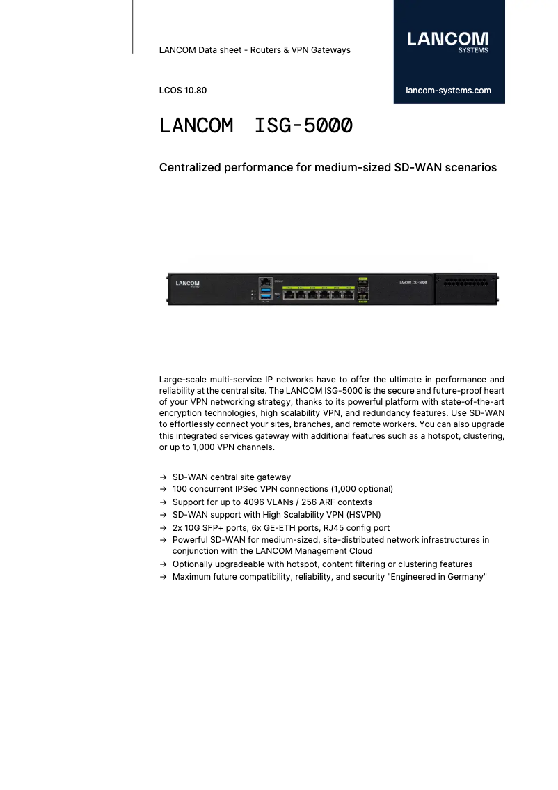 Page 1 de la notice Fiche technique Lancom ISG-5000