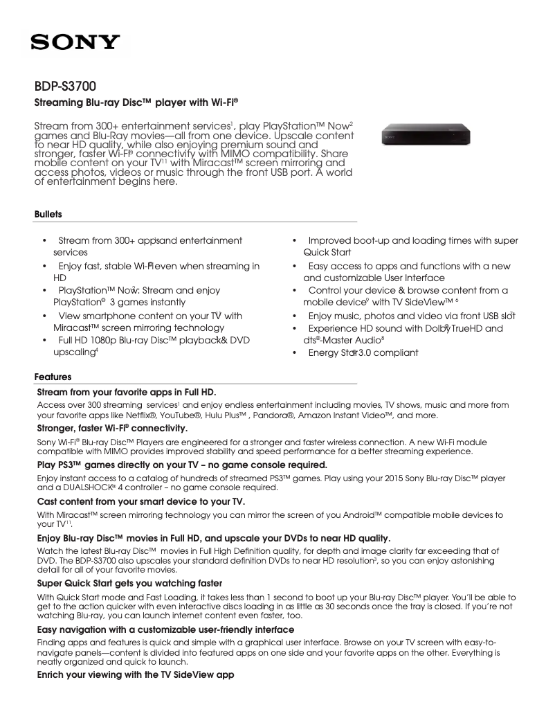 Page 1 de la notice Fiche technique Sony BDP-S3700