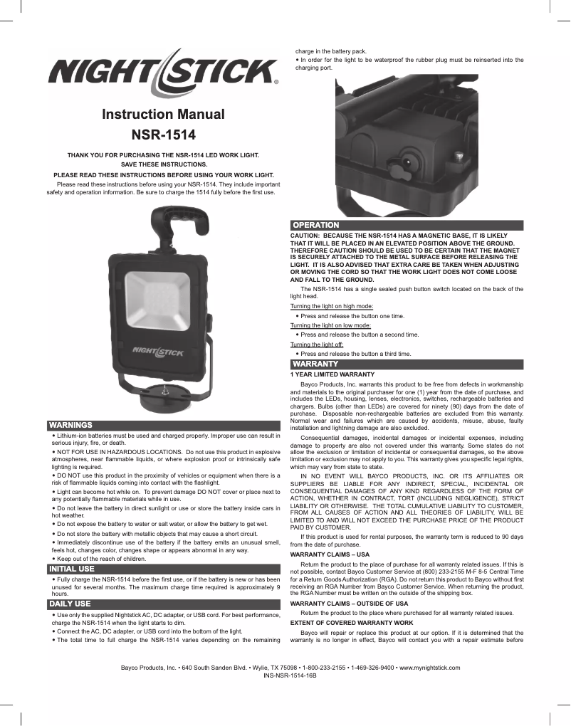 Page 1 de la notice Manuel utilisateur NightStick NSR-1514