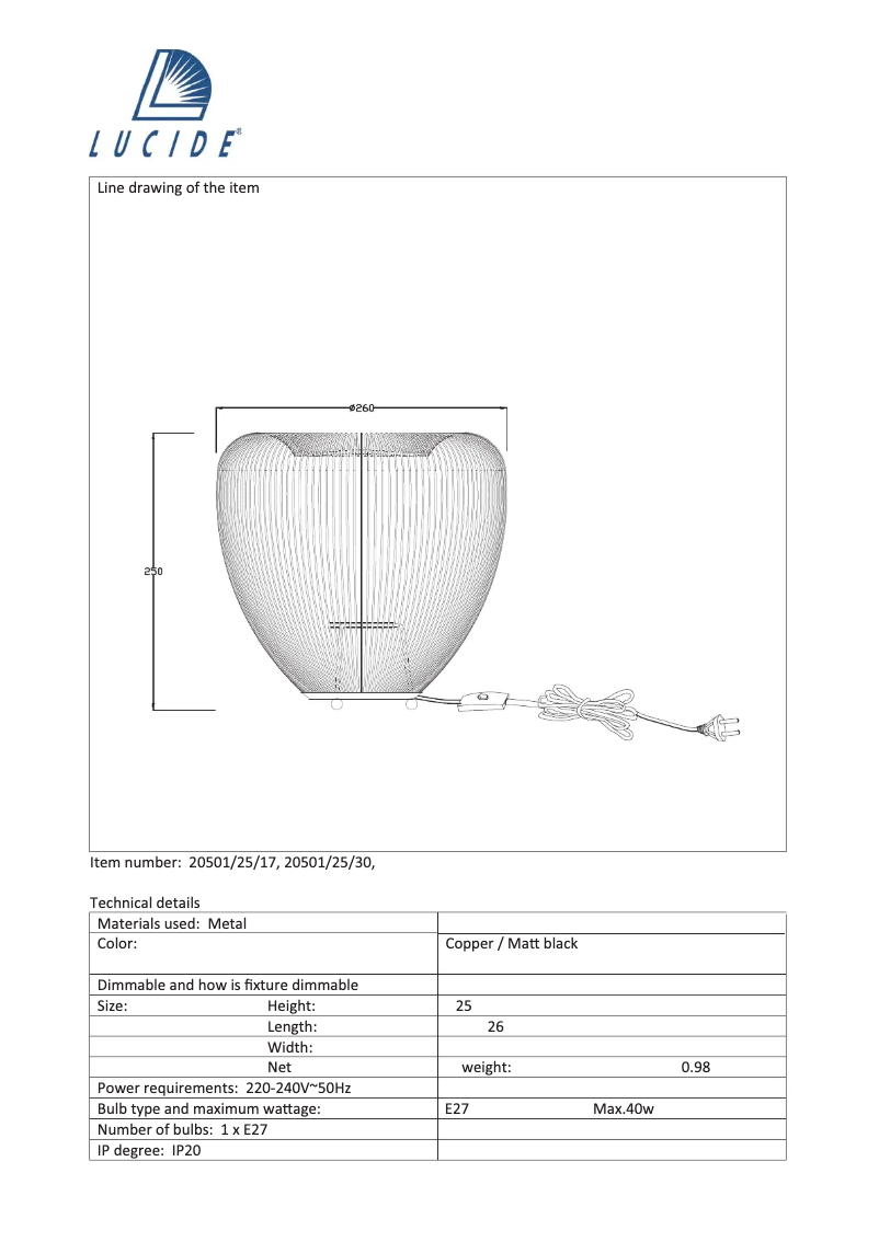 Page 1 de la notice Manuel utilisateur Lucide Wirio 20501/25/17